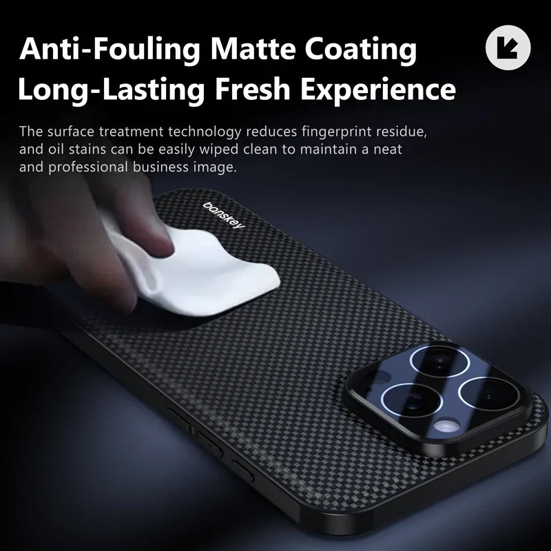 Luxury Matte Carbon Fibre Texture Glass Lens Protection Phone Case for iPhone 17 16 15 14 13 Pro Max Anti-drop Shockproof Cover