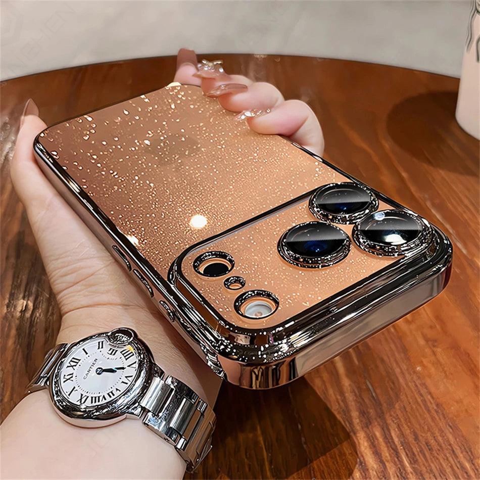 Luxury Transparent Glitter Clear Slim Case For iPhone  15 16 17 Pro Max Orange Pating Bumper Lens Glass Hard Cover