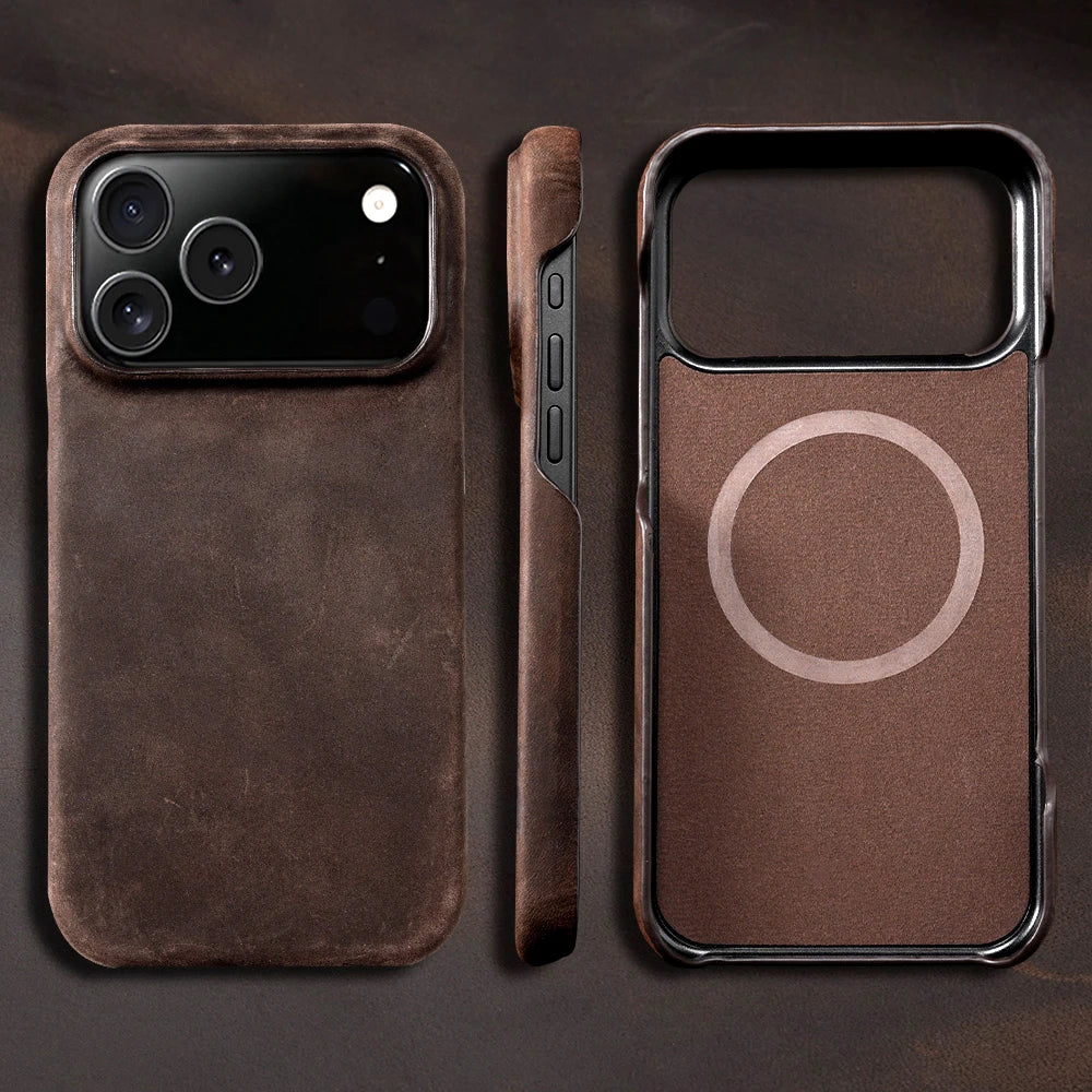 for Magsafe Case for iPhone 15 16 17 Pro Max 17Pro 17 Air 16Pro Retro Luxury Genuine PULL-UP Leather Magnetic Phone Back Cover