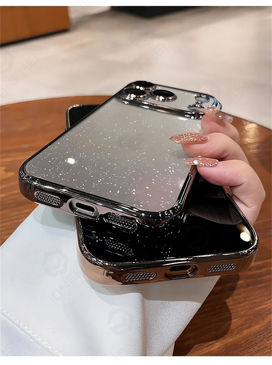 Luxury Transparent Glitter Clear Slim Case For iPhone  15 16 17 Pro Max Orange Pating Bumper Lens Glass Hard Cover