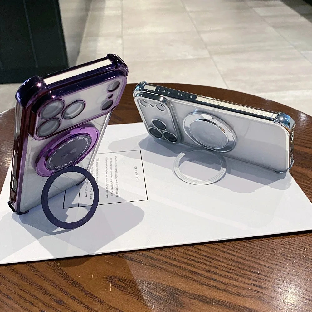 Rotating Stand Wireless Charge Clear Case For iPhone 17 Air 16E 15 14 Plus Pro Max Four Corner Enhance Shockproof Cover