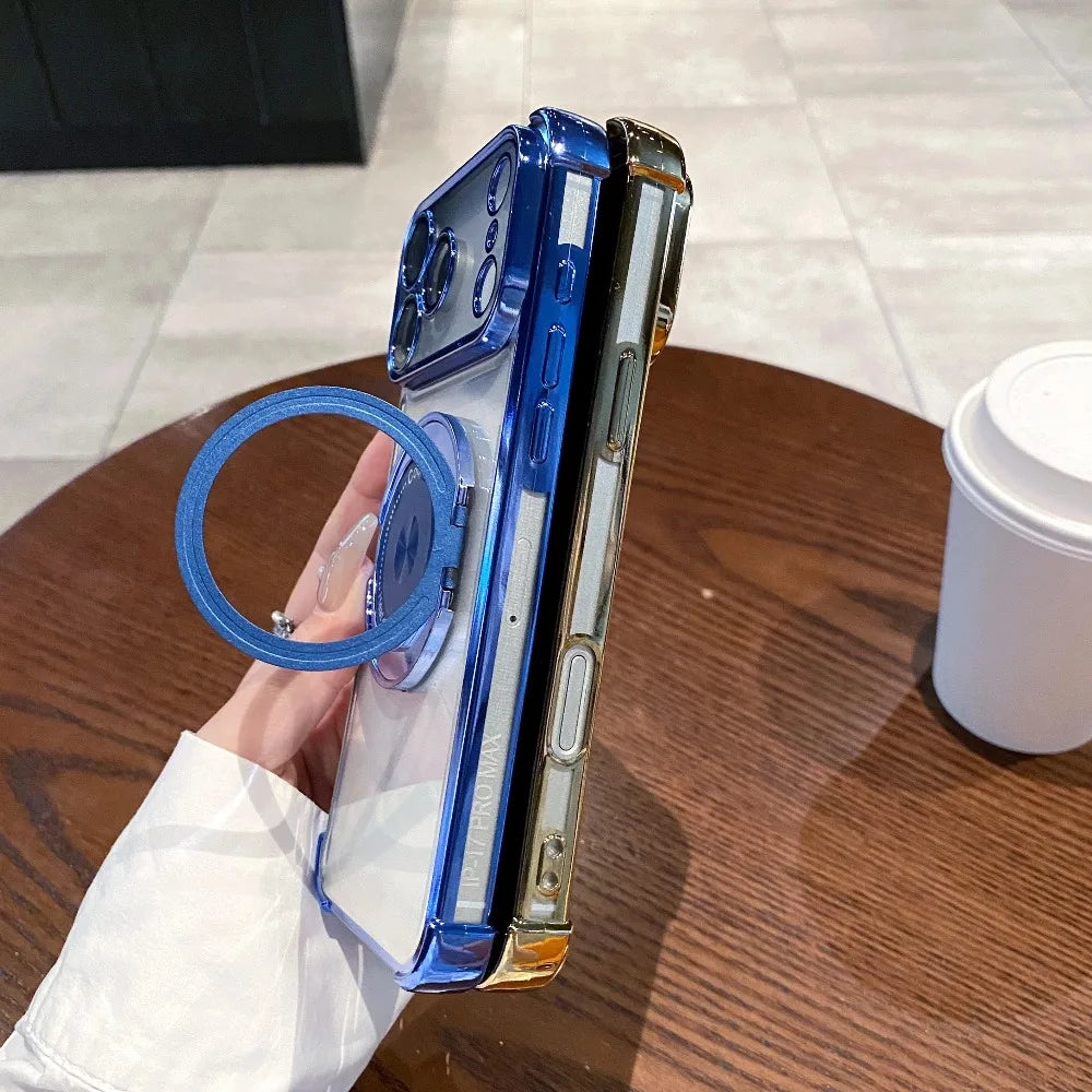 Rotating Stand Wireless Charge Clear Case For iPhone 17 Air 16E 15 14 Plus Pro Max Four Corner Enhance Shockproof Cover