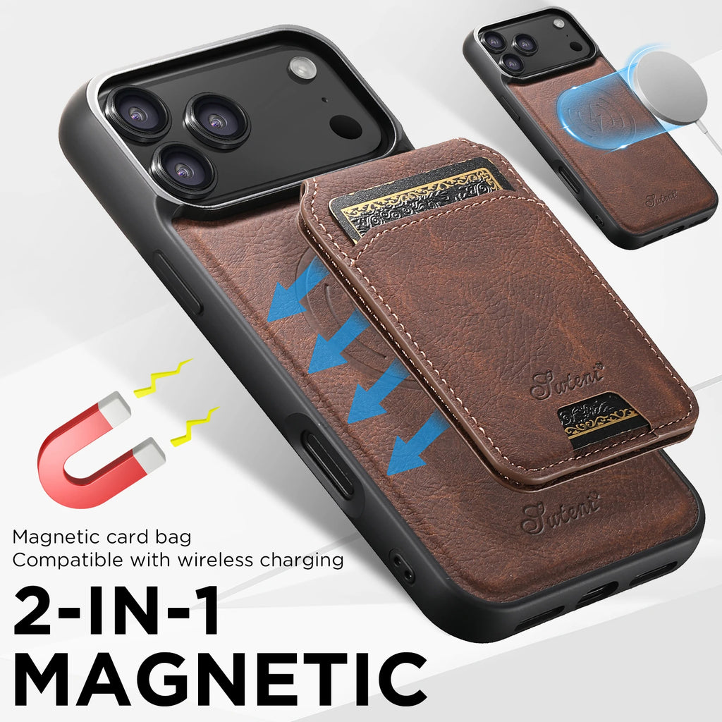 SUTENI Wireless Charging Phone Case Magnet Card Holder Stand Faux Leather For iPhone 17 Pro Max 16 Plus 15 14 13 12