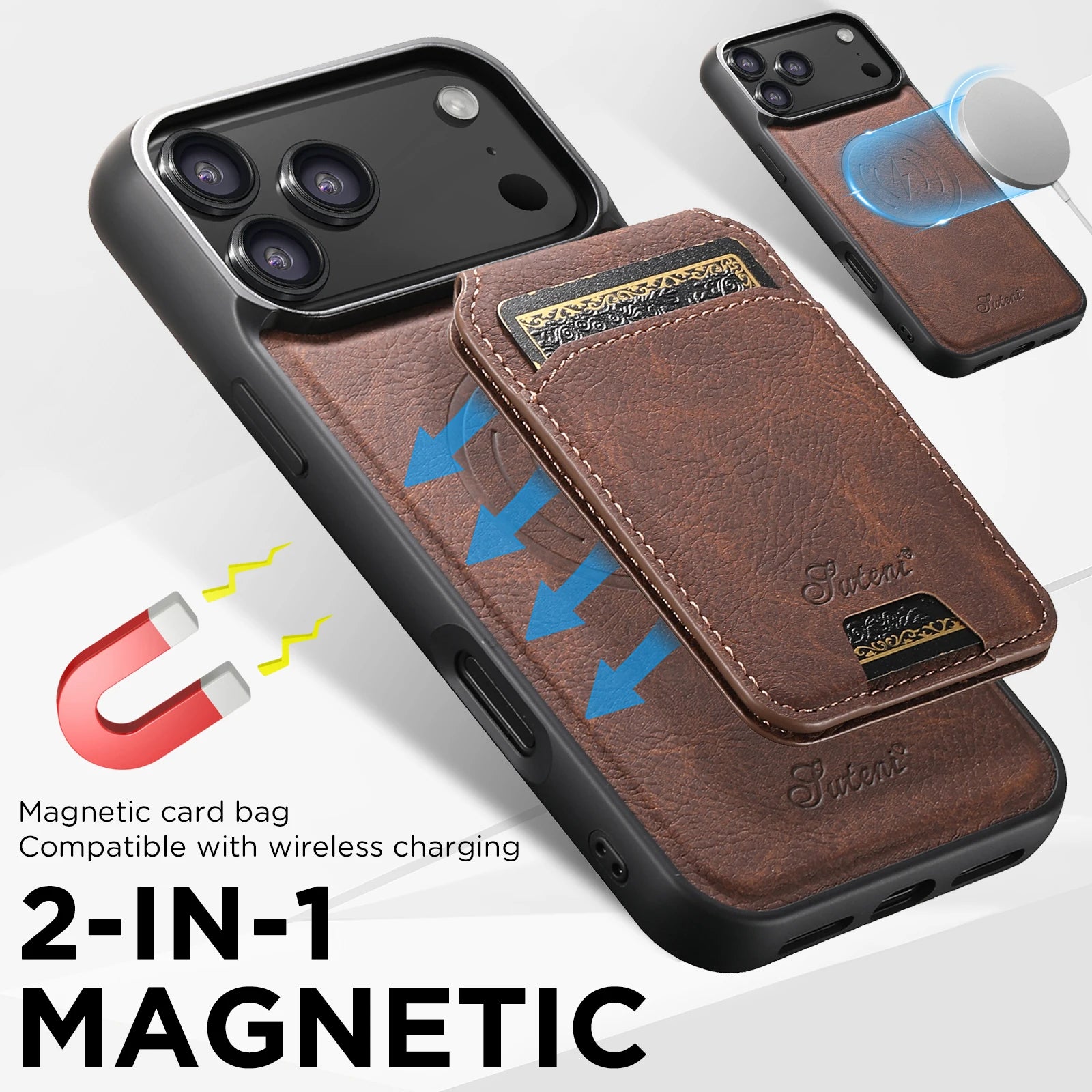 SUTENI Wireless Charging Phone Case Magnet Card Holder Stand Faux Leather For iPhone 17 Pro Max 16 Plus 15 14 13 12